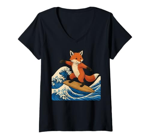 Damen Fuchs Surfen Japanisch Japanische Welle T-Shirt mit V-Ausschnitt Damen Fuchs Surfen Japanisch Japanische Welle T-Shirt mit V-Ausschnitt von Fuchs Surfer Große Welle Anime Kawaii Ästhetik