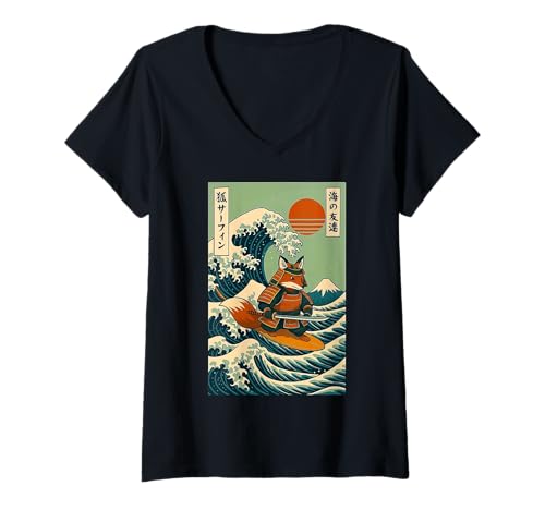 Damen Fuchs Samurai Surfen Japanische Welle T-Shirt mit V-Ausschnitt Damen Fuchs Samurai Surfen Japanische Welle T-Shirt mit V-Ausschnitt von Fuchs Surfer Große Welle Katana Anime Kawaii