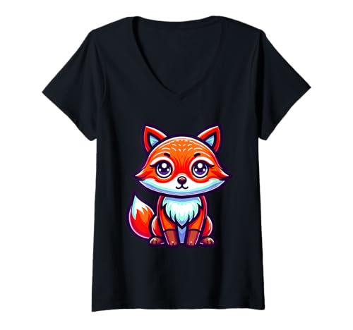 Damen Süßer Fuchs Cartoon Für Tierliebhaber T-Shirt mit V-Ausschnitt Damen Süßer Fuchs Cartoon Für Tierliebhaber T-Shirt mit V-Ausschnitt von Fuchs Tier Wald Abenteuer Natur Leben Illustration