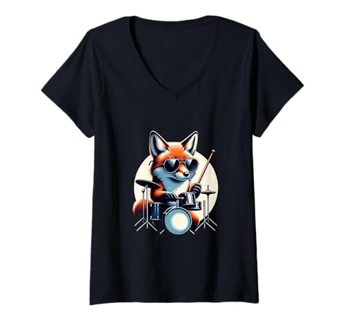 Damen Cooler Fuchs Mit Sonnenbrille Trommeln T-Shirt mit V-Ausschnitt Damen Cooler Fuchs Mit Sonnenbrille Trommeln T-Shirt mit V-Ausschnitt von Fuchs Trommeln Rocktier Rhythmus Beat