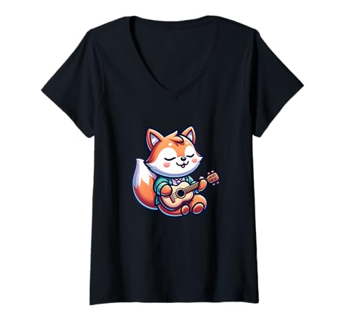 Damen Süßer Fuchs Ukulele Musikalischer Waldfreund T-Shirt mit V-Ausschnitt Damen Süßer Fuchs Ukulele Musikalischer Waldfreund T-Shirt mit V-Ausschnitt von Fuchs Ukulele Niedlich Musik Cartoon Akustik