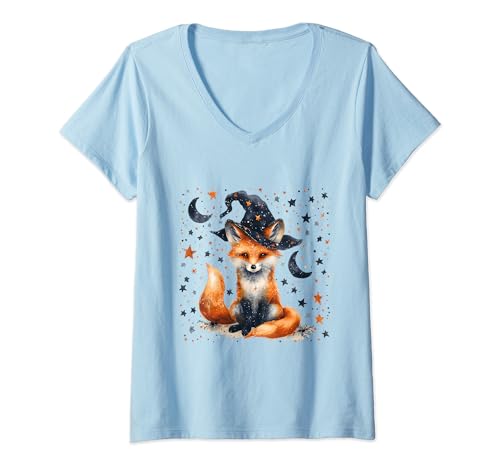 Damen Magischer kleiner Fuchs T-Shirt mit V-Ausschnitt Damen Magischer kleiner Fuchs T-Shirt mit V-Ausschnitt von Fuchs mit Zauberhut