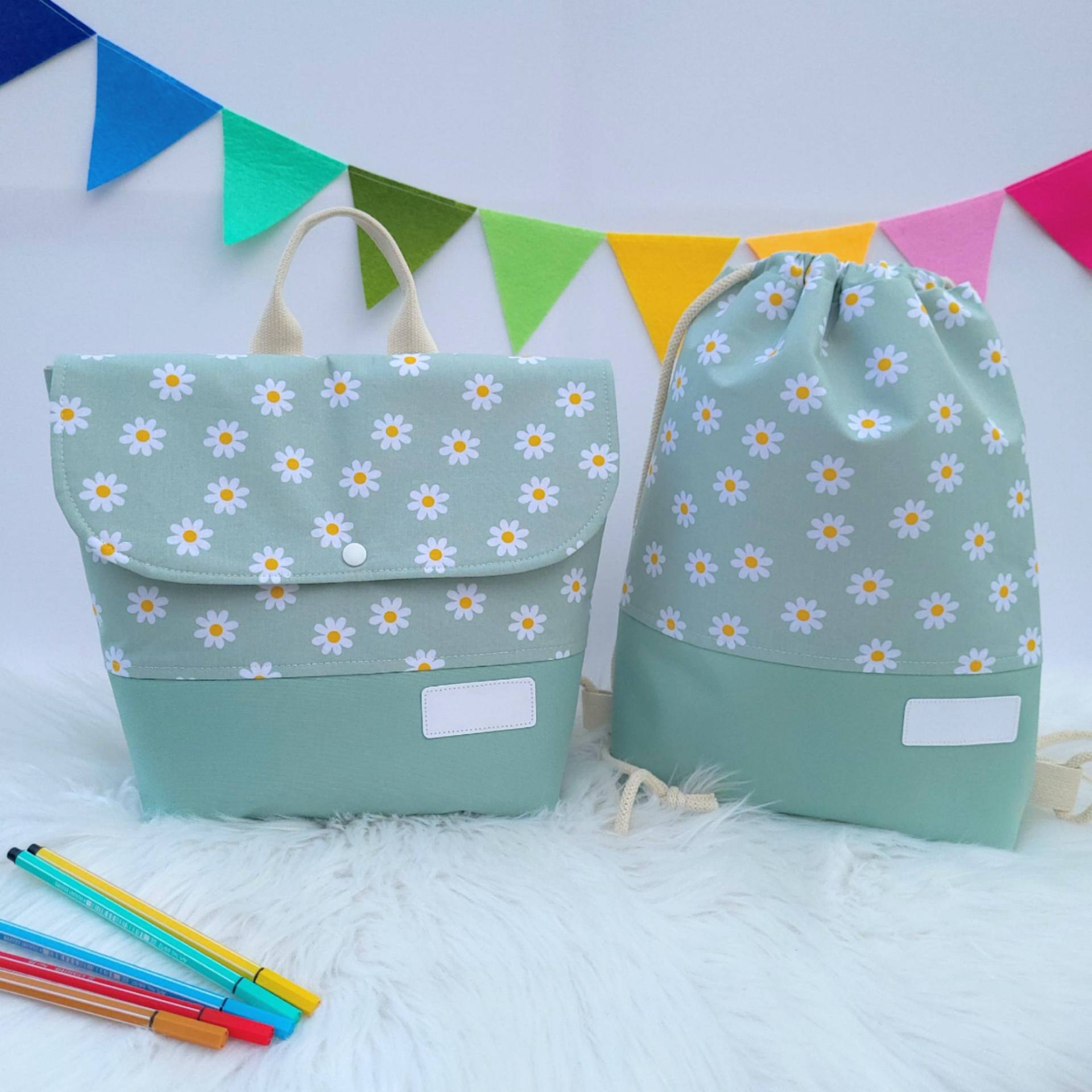 Kinderrucksack Set Mint Margeriten, Kinderturnbeutel, Kindergartenrucksack Kinderrucksack Set Mint Margeriten, Kinderturnbeutel, Kindergartenrucksack von FuchsUndFrieda
