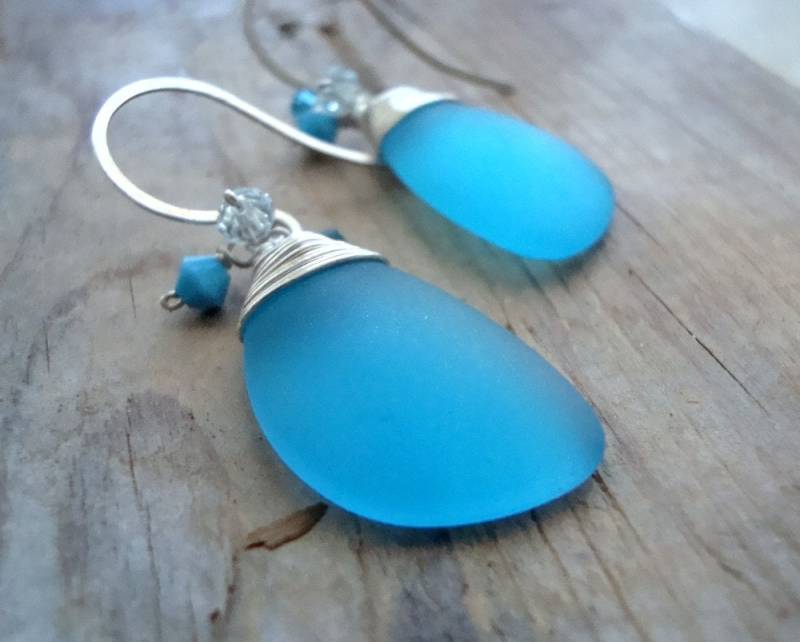 Aqua Seeglas Ohrringe Mit Kristall Eclipse Stil Sterling Silber Sommer Strand Glas Schmuck Moderne Beachy Hochzeiten von FuchsiaBloomStudio