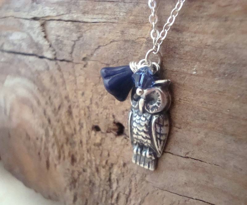 Silberne Eulen-Halskette Mit Blauer Blume. Natur Inspiriert, Waldschmuck, Charm Halskette, Brautjungfer Schmuck, Eule Charm, Shabby Chic, Floral Silberne Eulen-Halskette Mit Blauer Blume. Natur Inspiriert, Waldschmuck, Charm Halskette, Brautjungfer Schmuck, Eule Charm, Shabby Chic, Floral von FuchsiaBloomStudio