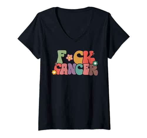 Damen Fuck Cancer Retro Groovy All Cancer Awareness Herren Damen T-Shirt mit V-Ausschnitt Damen Fuck Cancer Retro Groovy All Cancer Awareness Herren Damen T-Shirt mit V-Ausschnitt von Fuck Cancer Shirts
