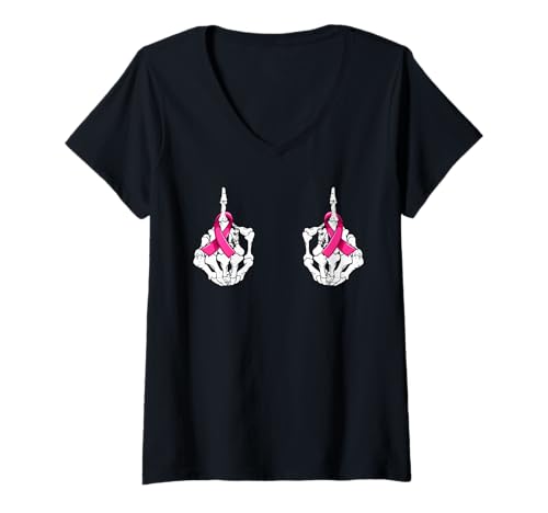 Damen Fuck Cancer Skelett Hand Pink Ribbon Brustkrebs T-Shirt mit V-Ausschnitt Damen Fuck Cancer Skelett Hand Pink Ribbon Brustkrebs T-Shirt mit V-Ausschnitt von Fuck Cancer Skeleton Hand Breast Cancer Awareness