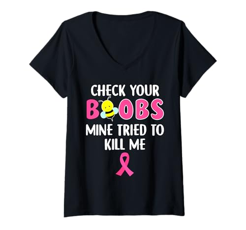 Damen Schau mal, meine Brüste haben versucht, mich zu töten Brustkrebs T-Shirt mit V-Ausschnitt Damen Schau mal, meine Brüste haben versucht, mich zu töten Brustkrebs T-Shirt mit V-Ausschnitt von Fuck Cancer Skull and Crossbones Skeleton Cancer