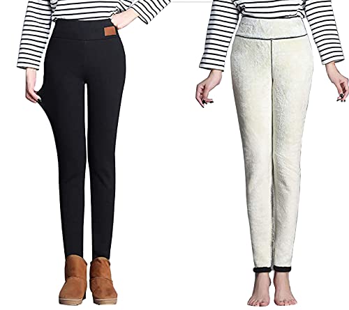 Fudaolee 1 Stück Leggings Damen Winter Warme Leggings mit Plüsch Gefüttert Thermo Elastische Leggings Mädchen Hohe Taille Verdicken Stretch Hose Strumpfhosen Schwarz,EU XXS = Etikett S von Fudaolee