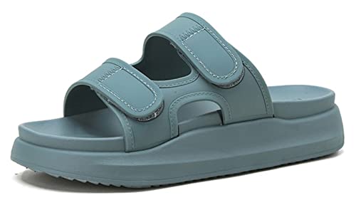 Fudaolee Badeschuhe Damen Hausschuhe Sommer Badelatschen Dicke Sohle Schlappen Klettverschluss Rutschfest Badelatschen Lässig Slides Weich Strand Sandalen Pantoletten Blau EU 37 = Etikett 37 von Fudaolee