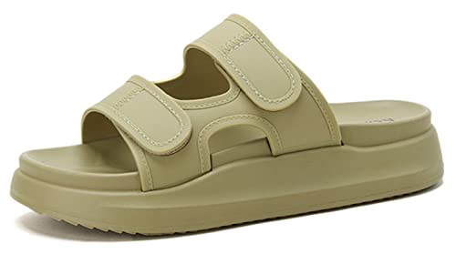 Fudaolee Badeschuhe Damen Hausschuhe Sommer Badelatschen Dicke Sohle Schlappen Klettverschluss Rutschfest Badelatschen Lässig Slides Weich Strand Sandalen Pantoletten Grün EU 37 = Etikett 37 von Fudaolee