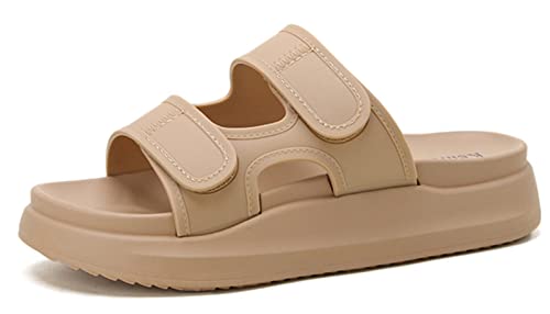 Fudaolee Badeschuhe Damen Hausschuhe Sommer Badelatschen Dicke Sohle Schlappen Klettverschluss Rutschfest Badelatschen Lässig Slides Weich Strand Sandalen Pantoletten Khaki EU 38 = Etikett 38 von Fudaolee