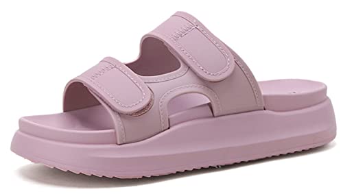 Fudaolee Badeschuhe Damen Hausschuhe Sommer Badelatschen Dicke Sohle Schlappen Klettverschluss Rutschfest Badelatschen Lässig Slides Weich Strand Sandalen Pantoletten Lila EU 38 = Etikett 38 von Fudaolee