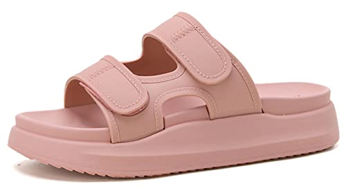 Fudaolee Badeschuhe Damen Hausschuhe Sommer Badelatschen Dicke Sohle Schlappen Klettverschluss Rutschfest Badelatschen Lässig Slides Weich Strand Sandalen Pantoletten Rosa EU 37 = Etikett 37 von Fudaolee