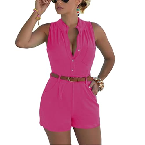 Fudaolee Jumpsuits Damen Sommer Kurz Playsuit V-Ausschnitt Bequem Strand Spielanzug Elegant Einteiler Overalls Hose Elastische Rosa,Taille M von Fudaolee