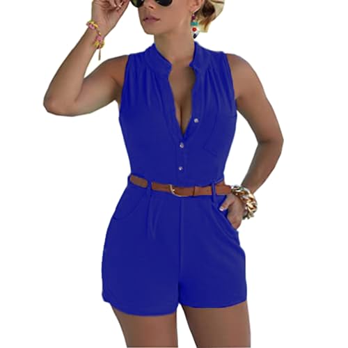 Fudaolee Jumpsuits Damen Sommer Kurz Playsuit V-Ausschnitt Bequem Strand Spielanzug Elegant Einteiler Overalls Hose Elastische Taille L, Dunkelblau von Fudaolee