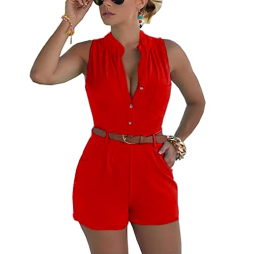 Fudaolee Jumpsuits Damen Sommer Kurz Playsuit V-Ausschnitt Bequem Strand Spielanzug Elegant Einteiler Overalls Hose Elastische Taille M, Rot von Fudaolee