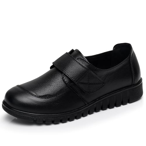 Fudaolee Lederschuhe Damen Klettverschluss Halbschuhe Frauen Leder Mokassin Slip on Loafers Elegante Flache Schuhe Lässige Walkingschuhe Leicht Businessschuhe Schwarz 35 EU=36 CN von Fudaolee