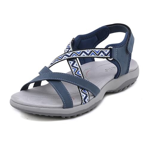 Fudaolee Sandalen Damen Sportsandalen Sommer Wandernsandalen Outdoor Trekking Cross-Tied Sandalen Offene Strand Walking Sandals Frauen Hiking Sandaletten Slingback Sandale Blau 39 EU=40 CN von Fudaolee