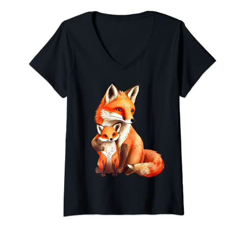 Damen Fuchs Füchse Mama Kind Papa Kind Damen Kinder Herren T-Shirt mit V-Ausschnitt Damen Fuchs Füchse Mama Kind Papa Kind Damen Kinder Herren T-Shirt mit V-Ausschnitt von Füchse Mama Papa Geschenk Süßer Fuchs