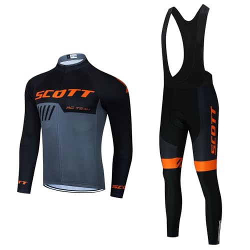 Fueegue Fahrradbekleidung Set, Herren Langarm Radsportanzüge Radtrikot Set Radfahren Kleidung Langärmeliges Fahrradtrikot Herbst/Winter mit Thermofleecefutter Radhose mit Sitzpolster Scott-Orange 3XL von Fueegue