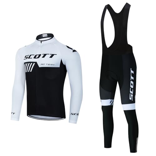 Fueegue Fahrradbekleidung Set, Herren Langarm Radsportanzüge Radtrikot Set Radfahren Kleidung Langärmeliges Fahrradtrikot Herbst/Winter mit Thermofleecefutter Radhose mit Sitzpolster Scott-Weiss 3XL von Fueegue