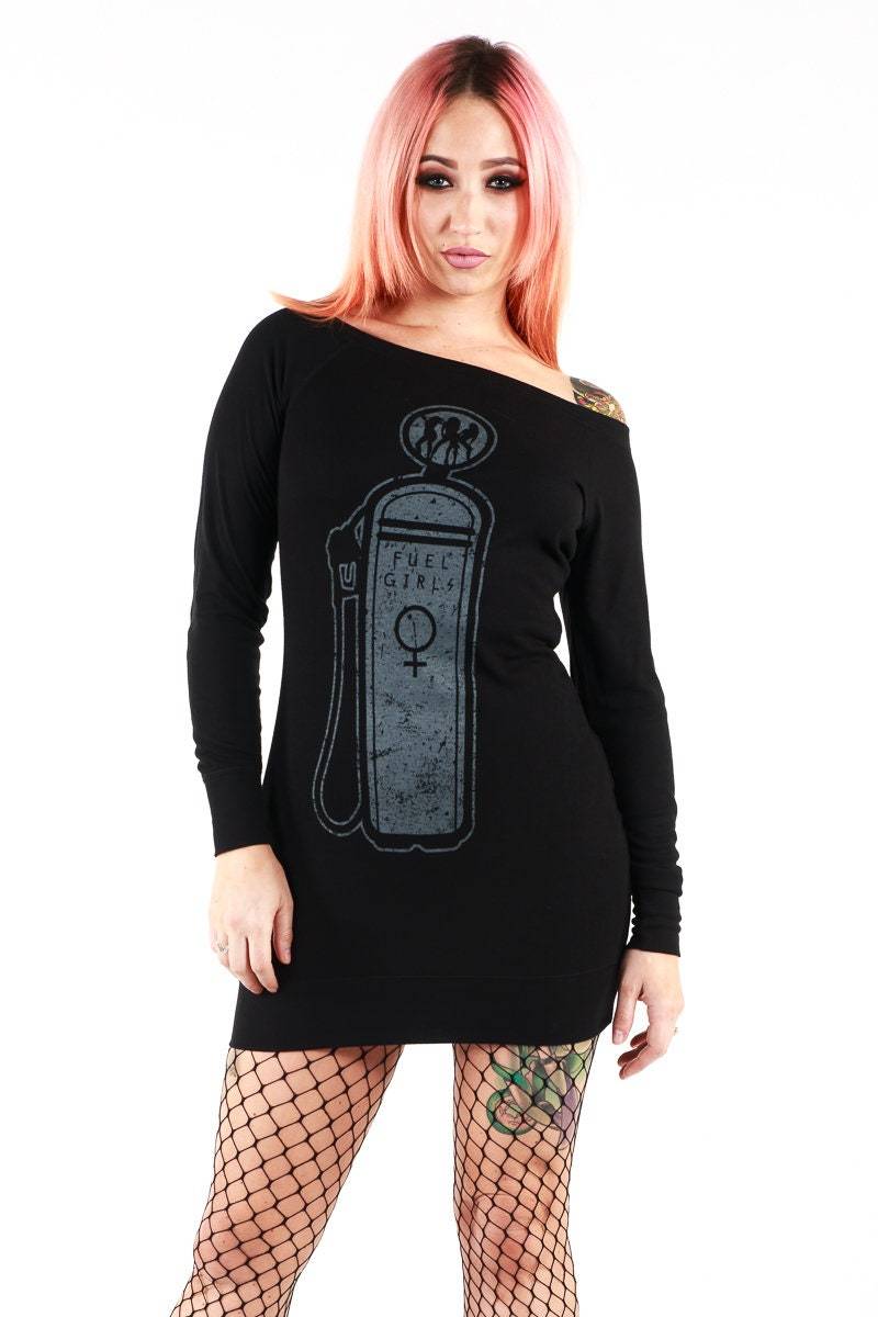 Damen Schwarz Longline T Shirt Kleid | Langarm Kraftstoffpumpe Logo Offizielle Fuel Girls Merchandise von FuelGirls