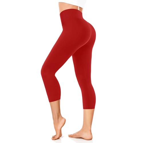 FuelMeFoot 3/4 Leggings Damen High Waist Schwarz Capri Leggins Blickdicht für Sport Yoga Gym.A8-Red S/M von FuelMeFoot