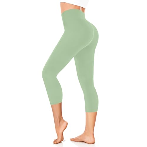 FuelMeFoot 3/4 Leggings Damen High Waist Schwarz Capri Leggins Blickdicht für Sport Yoga Gym.A9-Hellgrün L/XL von FuelMeFoot