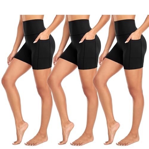 FuelMeFoot 3 Pack Damen Radlerhose mit Taschen Kurze Leggings High Waist Shorts Sporthose Kurze Blickdicht Yoga Shorts Laufhose.01-Schwarz/Schwarz/Schwarz S/M von FuelMeFoot