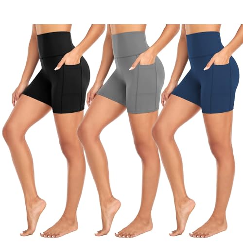 FuelMeFoot 3 Pack Damen Radlerhose mit Taschen Kurze Leggings High Waist Shorts Sporthose Kurze Blickdicht Yoga Shorts Laufhose.03-Schwarz/Dunkelgrau/Navy blau S/M von FuelMeFoot