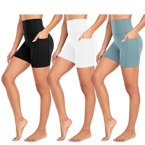 FuelMeFoot 3 Pack Damen Radlerhose mit Taschen Kurze Leggings High Waist Shorts Sporthose Kurze Blickdicht Yoga Shorts Laufhose.04-Schwarz/Weiß/Grün L/XL von FuelMeFoot