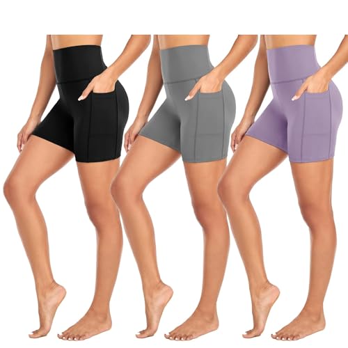 FuelMeFoot 3 Pack Damen Radlerhose mit Taschen Kurze Leggings High Waist Shorts Sporthose Kurze Blickdicht Yoga Shorts Laufhose.05-Schwarz/Dunkelgrau/Helllila L/XL von FuelMeFoot