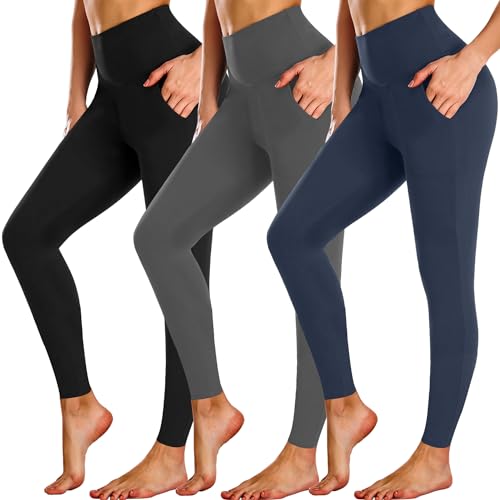 FuelMeFoot 3 Pack Leggings Damen mit Taschen High Waisted Leggins Blickdicht Bauchkontrolle Elastische Sportleggings Workout Yoga Gym.C2-Schwarz/Dunkelgrau/Navy Blau S/M von FuelMeFoot