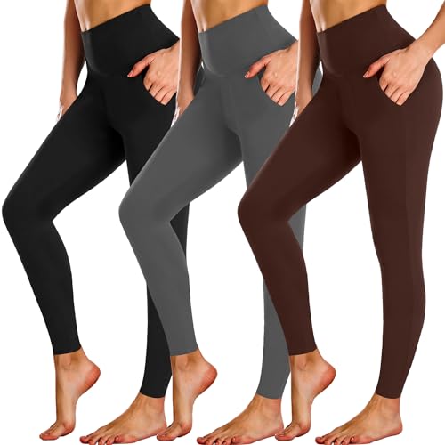 FuelMeFoot 3 Pack Leggings Damen mit Taschen High Waisted Leggins Blickdicht Bauchkontrolle Elastische Sportleggings Workout Yoga Gym.C4-Schwarz/Dunkelgrau/Braun S/M von FuelMeFoot