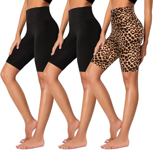 FuelMeFoot 3er 3 Pack Radlerhose Damen High Waist Yoga Shorts Sommer Kurze Sporthose Blickdicht Hotpants für Fitness Gym Bike.03-Schwarz/Schwarz/Leopard(ca.20.5cm) L/XL von FuelMeFoot