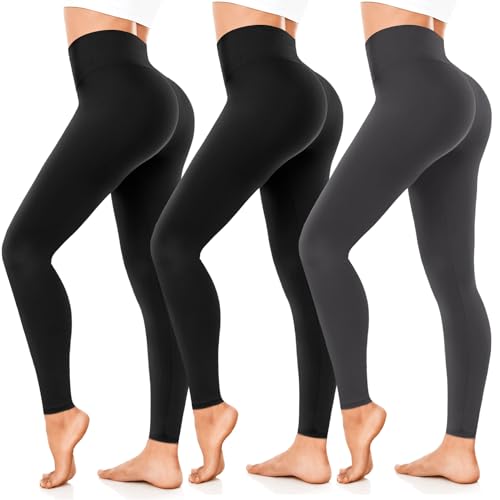 FuelMeFoot 3er Pack Leggings Damen High Waisted Leggins Blickdicht Bauchkontrolle Elastische Sportleggings Workout Yoga Gym.A2-Schwarz/Schwarz/Dunkelgrau L/XL von FuelMeFoot