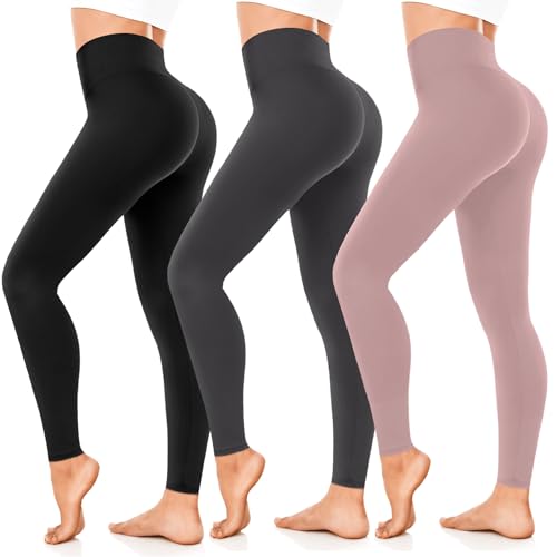 FuelMeFoot 3er Pack Leggings Damen High Waisted Leggins Blickdicht Bauchkontrolle Elastische Sportleggings Workout Yoga Gym.A4-Schwarz/Rasa/Dunkelgrau L/XL von FuelMeFoot