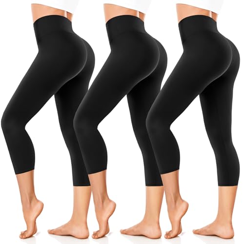 FuelMeFoot Damen 3/4 Leggings Capri 3er Pack High Waist Schwarz Leggins Sommer Blickdicht Yogahose für Sport Gym Lauf. B1-Schwarz/Schwarz/Schwarz L/XL von FuelMeFoot