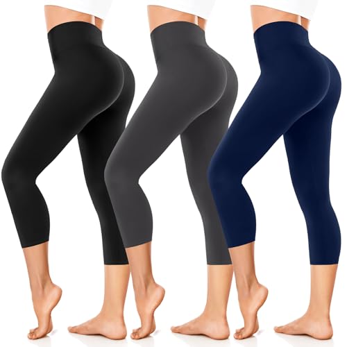 FuelMeFoot Damen 3/4 Leggings Capri 3er Pack High Waist Schwarz Leggins Sommer Blickdicht Yogahose für Sport Gym Lauf. B2-Schwarz/Dunkelgrau/Navy L/XL von FuelMeFoot