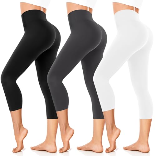 FuelMeFoot Damen 3/4 Leggings Capri 3er Pack High Waist Schwarz Leggins Sommer Blickdicht Yogahose für Sport Gym Lauf. B4-Schwarz/Grau/Weiß S/M von FuelMeFoot