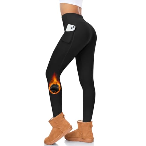 FuelMeFoot Thermo Leggings Damen Gefüttert Fleece High Waist Thermounterwäsche Warm Lang Strümpfhose Blickdicht Winter.01-Schwarz Seitentaschen L/XL von FuelMeFoot