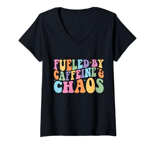 Damen Fueled by Coffein and Chaos Funny Retro Coffee Lovers Woman T-Shirt mit V-Ausschnitt Damen Fueled by Coffein and Chaos Funny Retro Coffee Lovers Woman T-Shirt mit V-Ausschnitt von Fueled By Caffeine And Chaos Co Tee