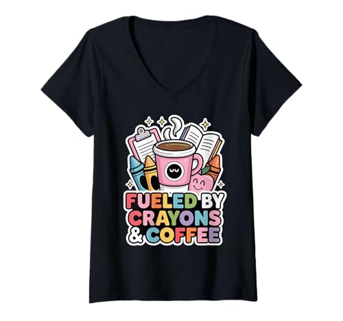 Damen Fueled by Crayons and Coffee Lustiges Lehrer-T-Shirt T-Shirt mit V-Ausschnitt Damen Fueled by Crayons and Coffee Lustiges Lehrer-T-Shirt T-Shirt mit V-Ausschnitt von Fueled By Crayons Coffee Teacher Back To School