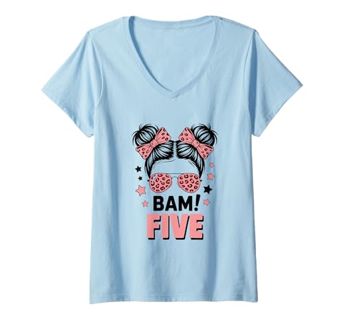 Damen 5. Geburtstag Mädchen Messy Bun Bäm! Fünf Jahre Alt T-Shirt mit V-Ausschnitt von Fünfter Geburtstag & 5. Geburtstag Design
