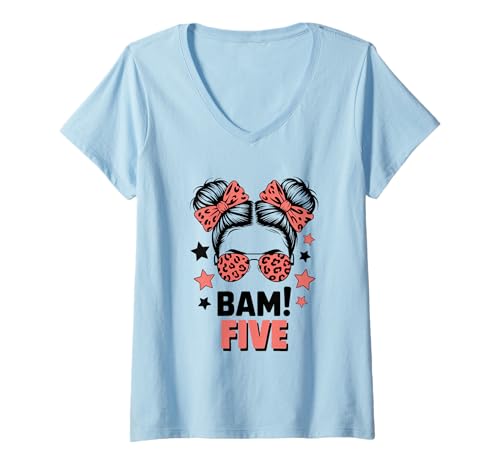 Damen 5. Geburtstag Mädchen Messy Bun Bäm! Fünf Jahre Alt T-Shirt mit V-Ausschnitt von Fünfter Geburtstag & 5. Geburtstag Design
