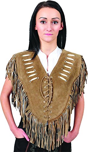 Western Collar Leder Poncho Damen mit Fransen Straßenkarneval Wildleder verziert - XS - 2XL lang- 3 Farben- Schwarz, hell Braun, Cognac (2XL, Camel) von Fuente Leather Wears