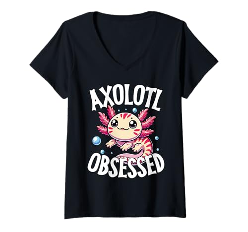 Damen Axolotl-besessene, Süße Amphibie T-Shirt mit V-Ausschnitt von Für Axolotl Liebhaber Und Tierwortspiel