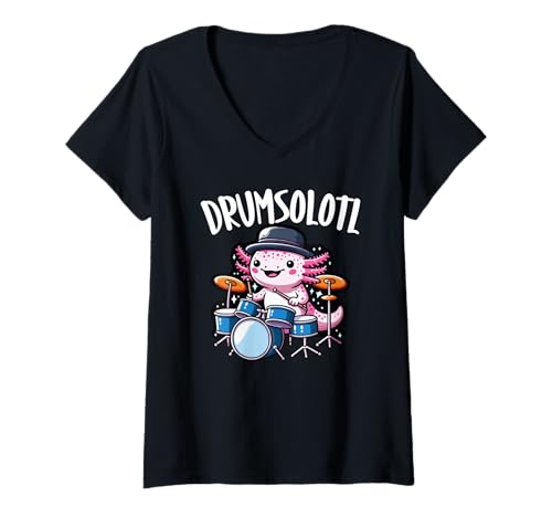 Damen Drum Solotl Lustiger Axolotl-Schlagzeuger T-Shirt mit V-Ausschnitt von Für Axolotl Liebhaber Und Tierwortspiel