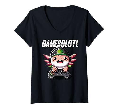 Damen Gamesolotl Lustiger Axolotl-Gamer T-Shirt mit V-Ausschnitt von Für Axolotl Liebhaber Und Tierwortspiel